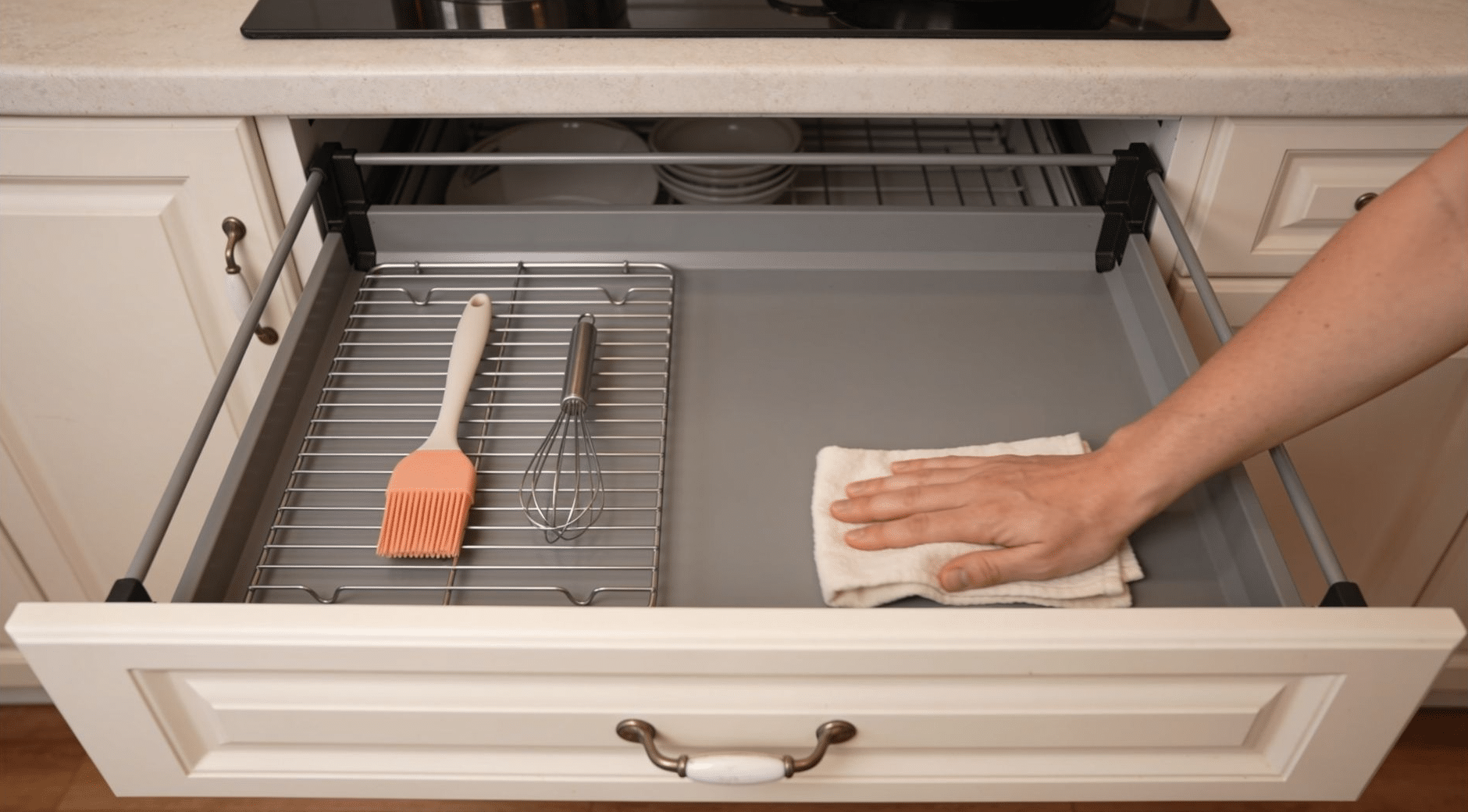 Open kitchen cabinets and a pulled-out drawer with contents laid on the counter being wiped clean during a deep clean