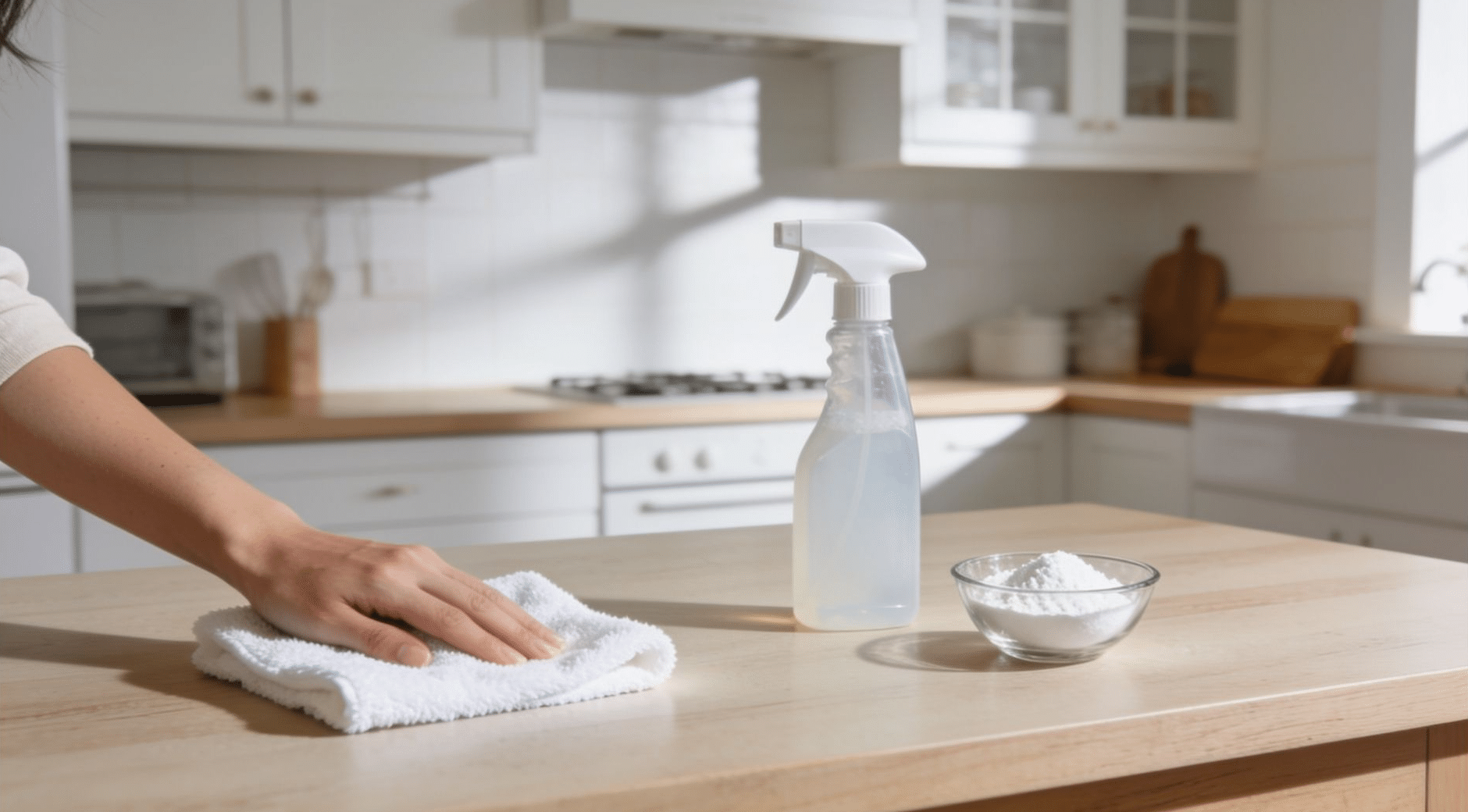 Hand wiping a cleared kitchen counter with a microfiber cloth next to a spray bottle and baking soda mixture