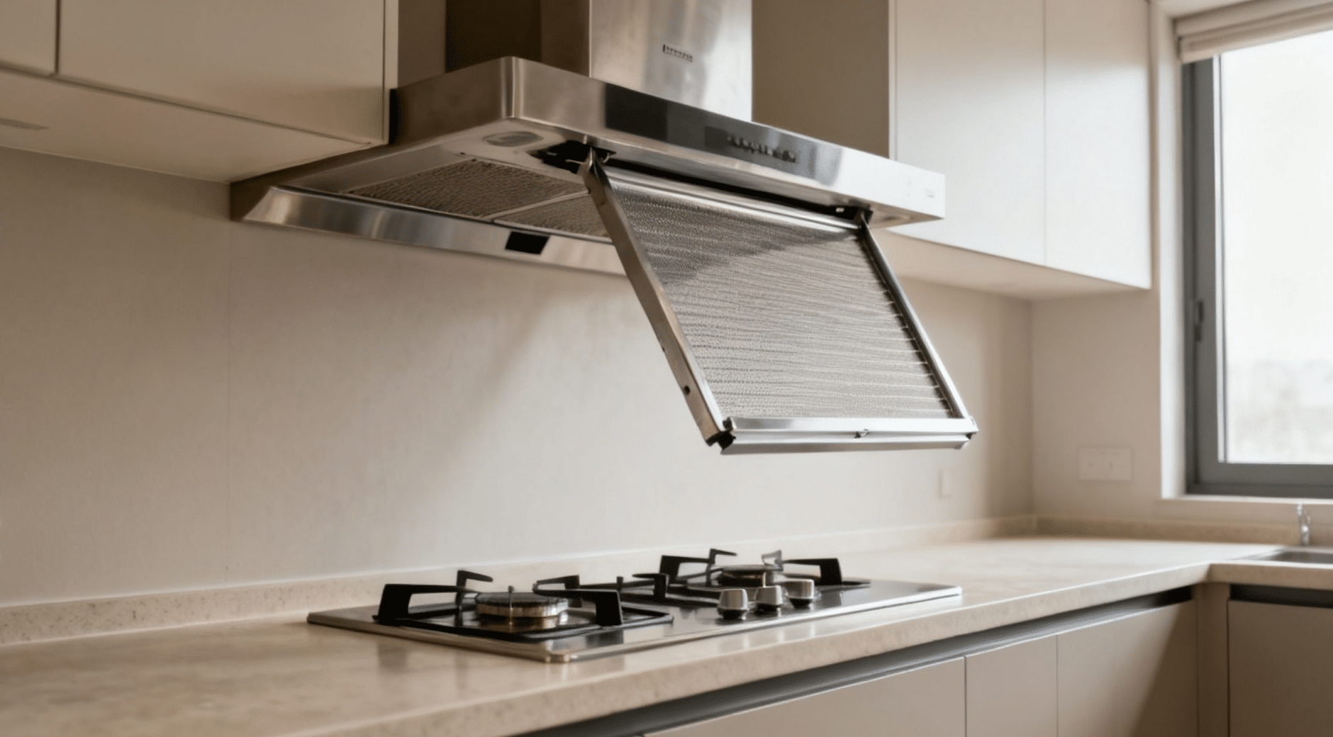 Range hood with metal mesh filter partially removed and soaking in a pot of hot soapy water during kitchen deep cleaning