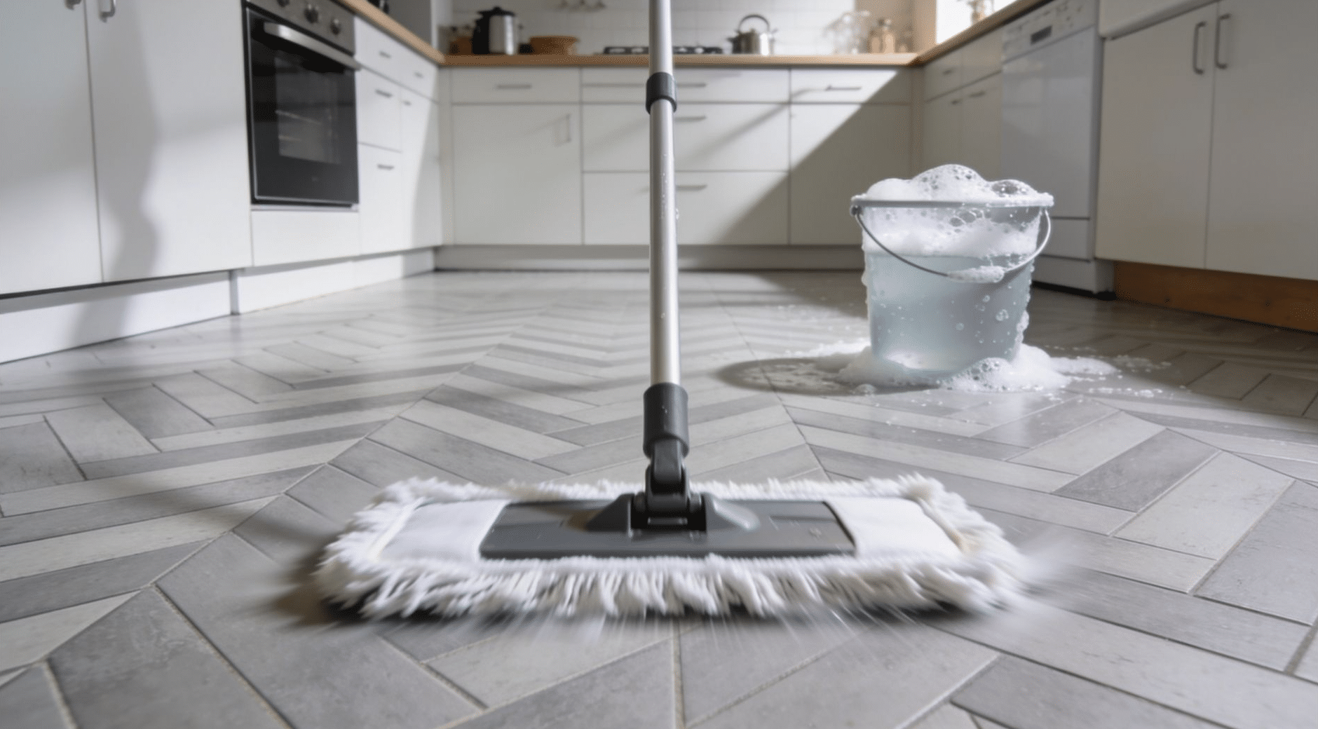 Flat mop cleaning herringbone tile kitchen floor with stove pulled away from wall exposing dirty floor behind it