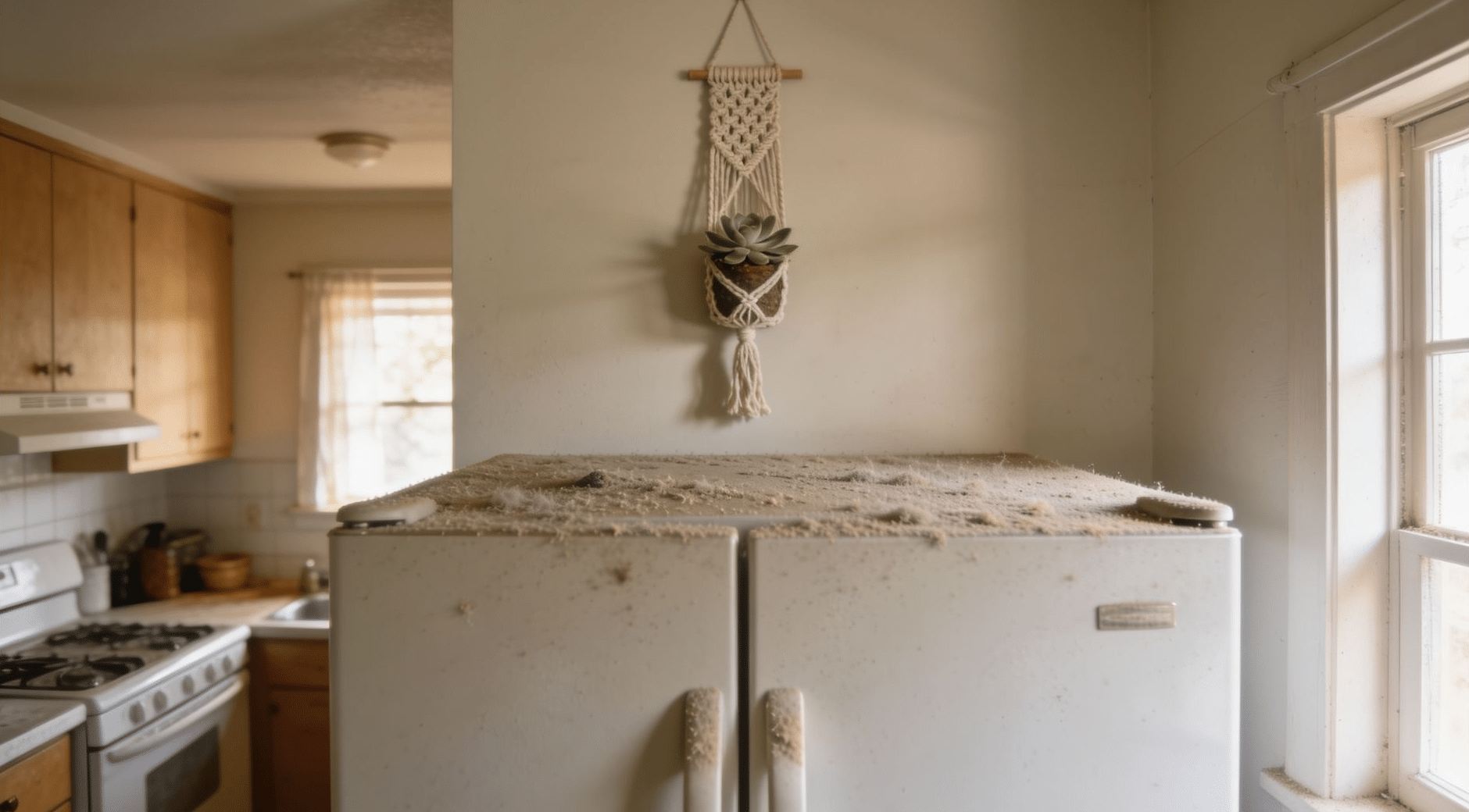 Full kitchen view showing overlooked deep cleaning spots including the top of the fridge, light switch, and window sill above the sink