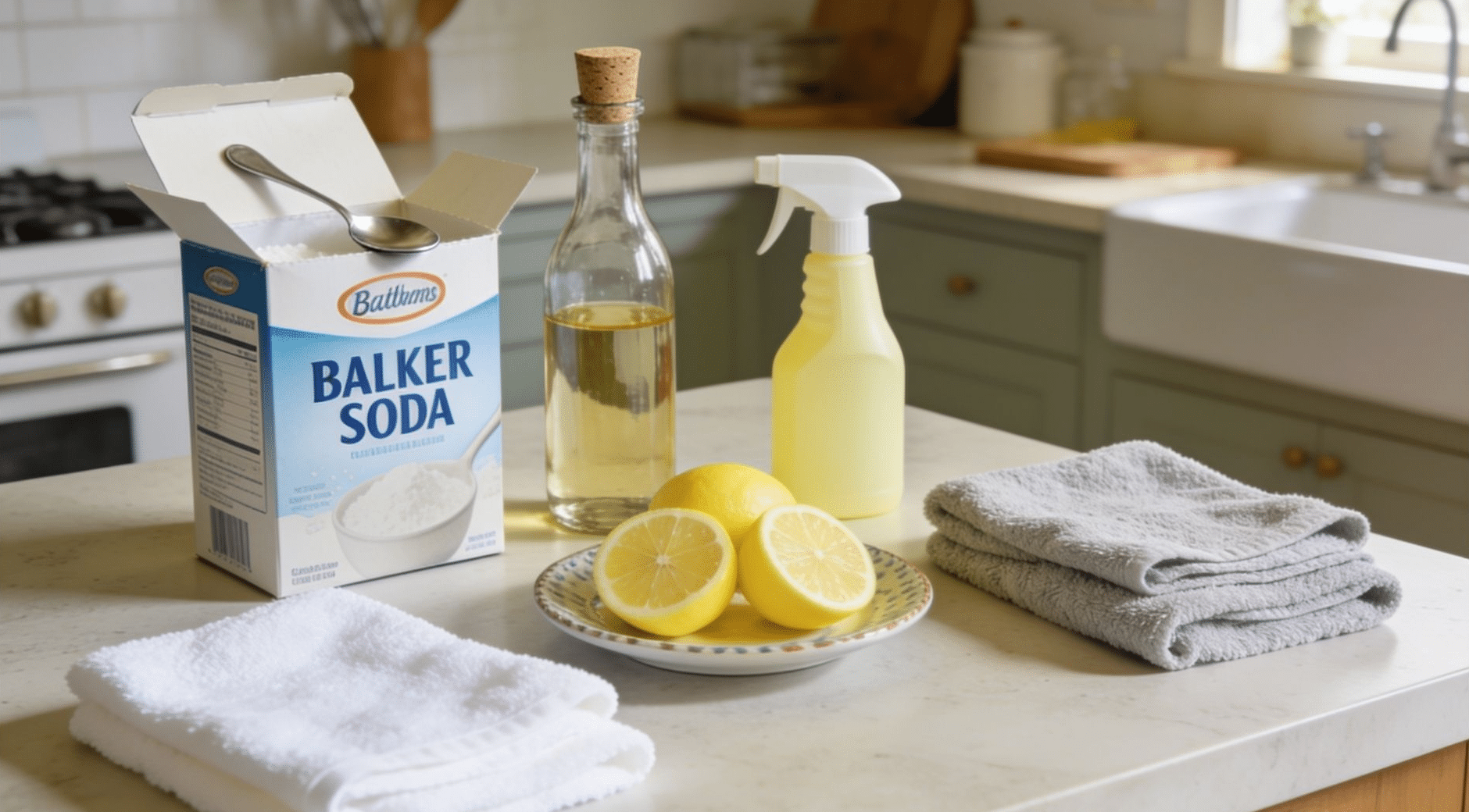 Natural kitchen deep cleaning supplies on a counter including baking soda, white vinegar, halved lemons, and microfiber cloths