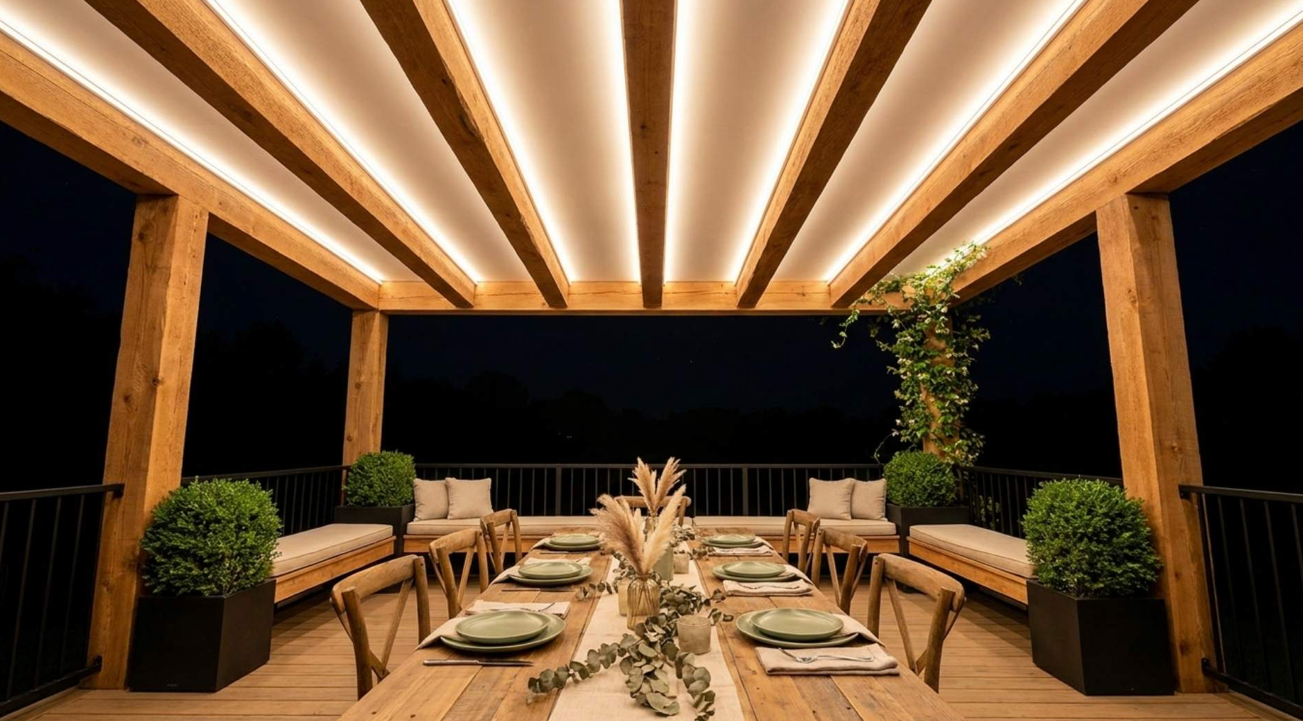 Cedar pergola deck at night with warm LED strips glowing evenly from routed channels along the underside of every beam
