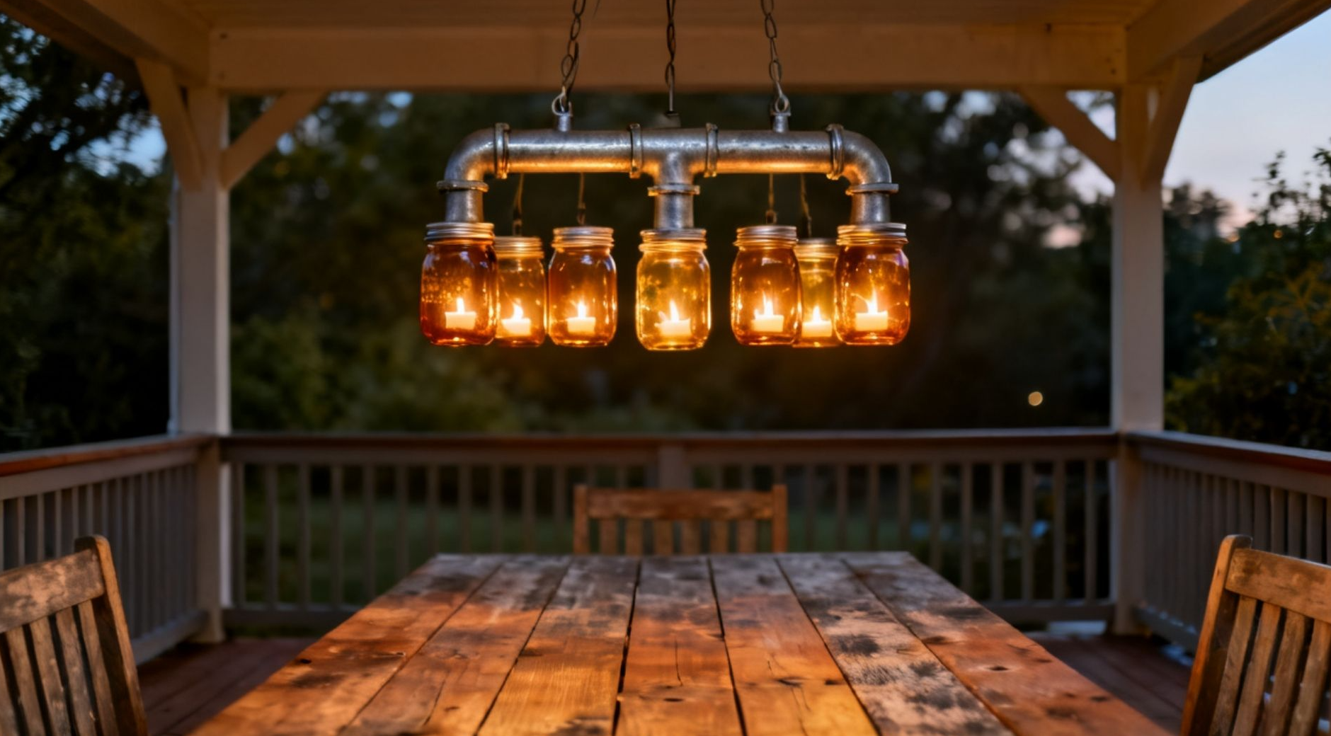 DIY galvanized pipe chandelier with hanging mason jars and Edison bulbs glowing above a farmhouse outdoor dining table at night