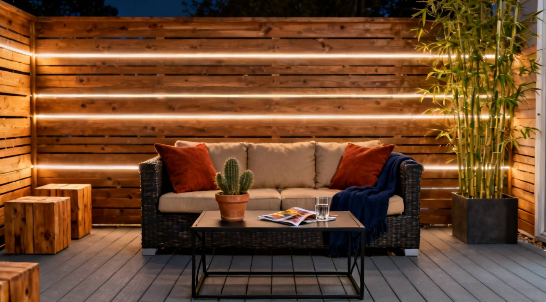Horizontal cedar privacy slat wall on a deck at night with LED light blades projecting parallel lines across the deck floor