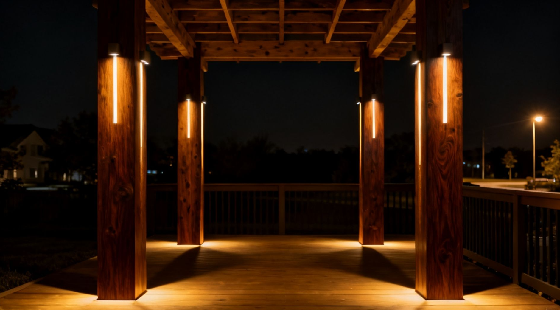 Pergola deck at night with all four cedar corner posts evenly lit from below by upward LED column wash strips