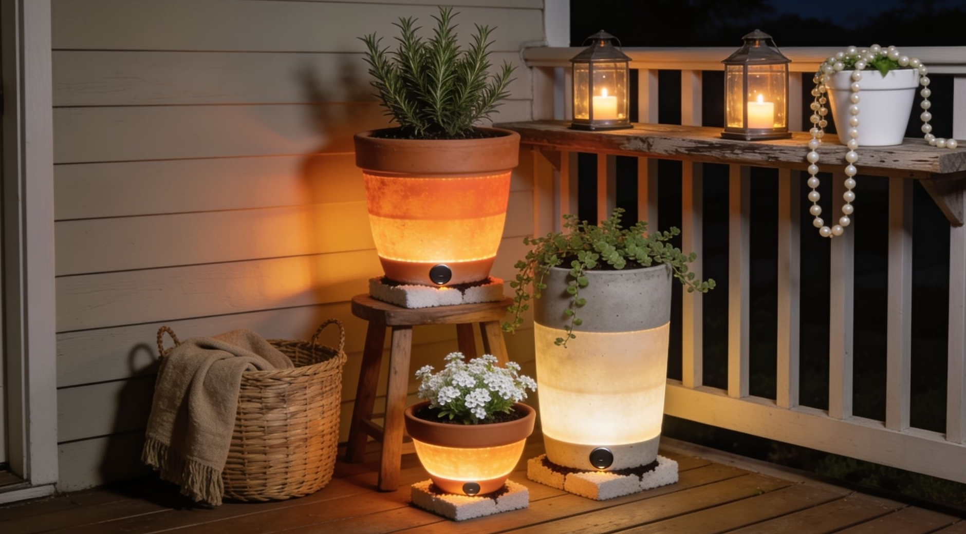 Three terracotta and concrete deck pots of different sizes glowing warm amber at night from LED film and puck lights inside