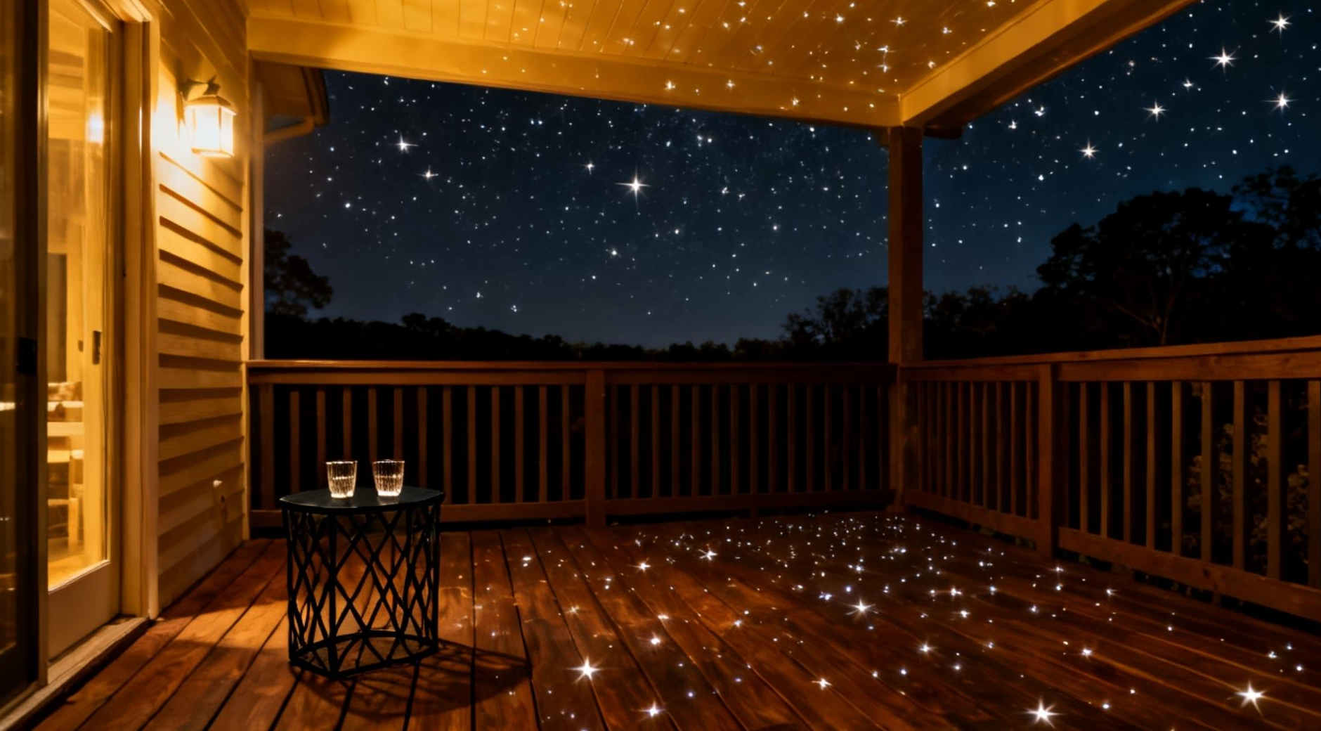 Intimate covered deck at night with a downward star projector casting a full constellation field across the dark deck floor boards