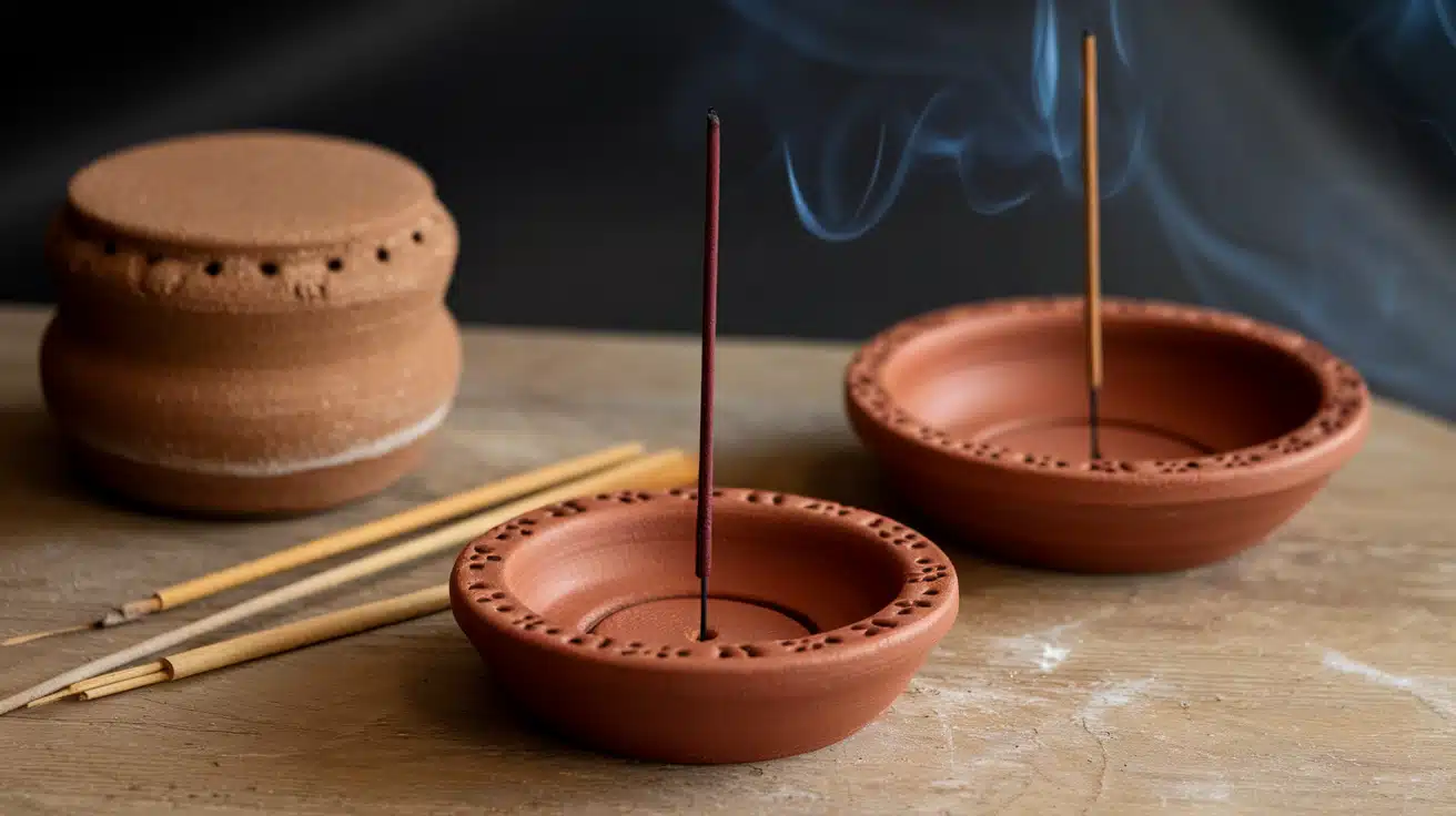 Terracotta incense holders on a wooden surface, one holding a lit incense stick next to a lidded clay pot.