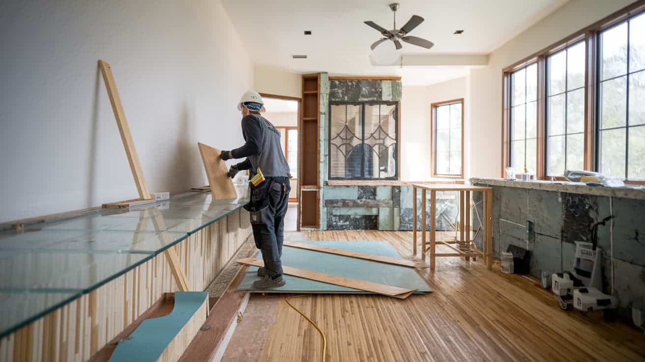 A worker in safety gear installs flooring in a spacious, sunlit room during a home renovation project.