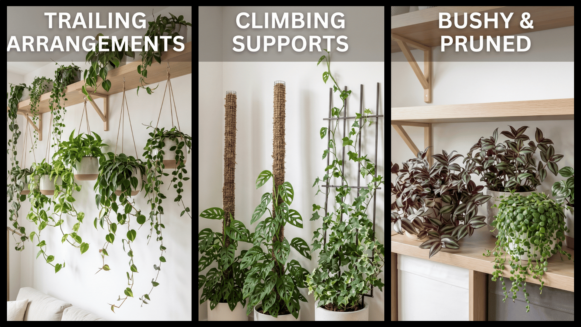 Indoor vine house plants displayed trailing from baskets, climbing poles, and pruned bushy arrangements.