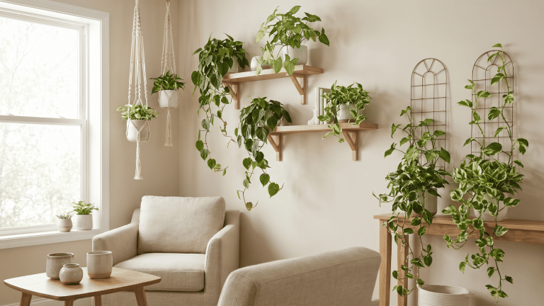 _Indoor vine house plants trailing from shelves and climbing trellises in a living space.