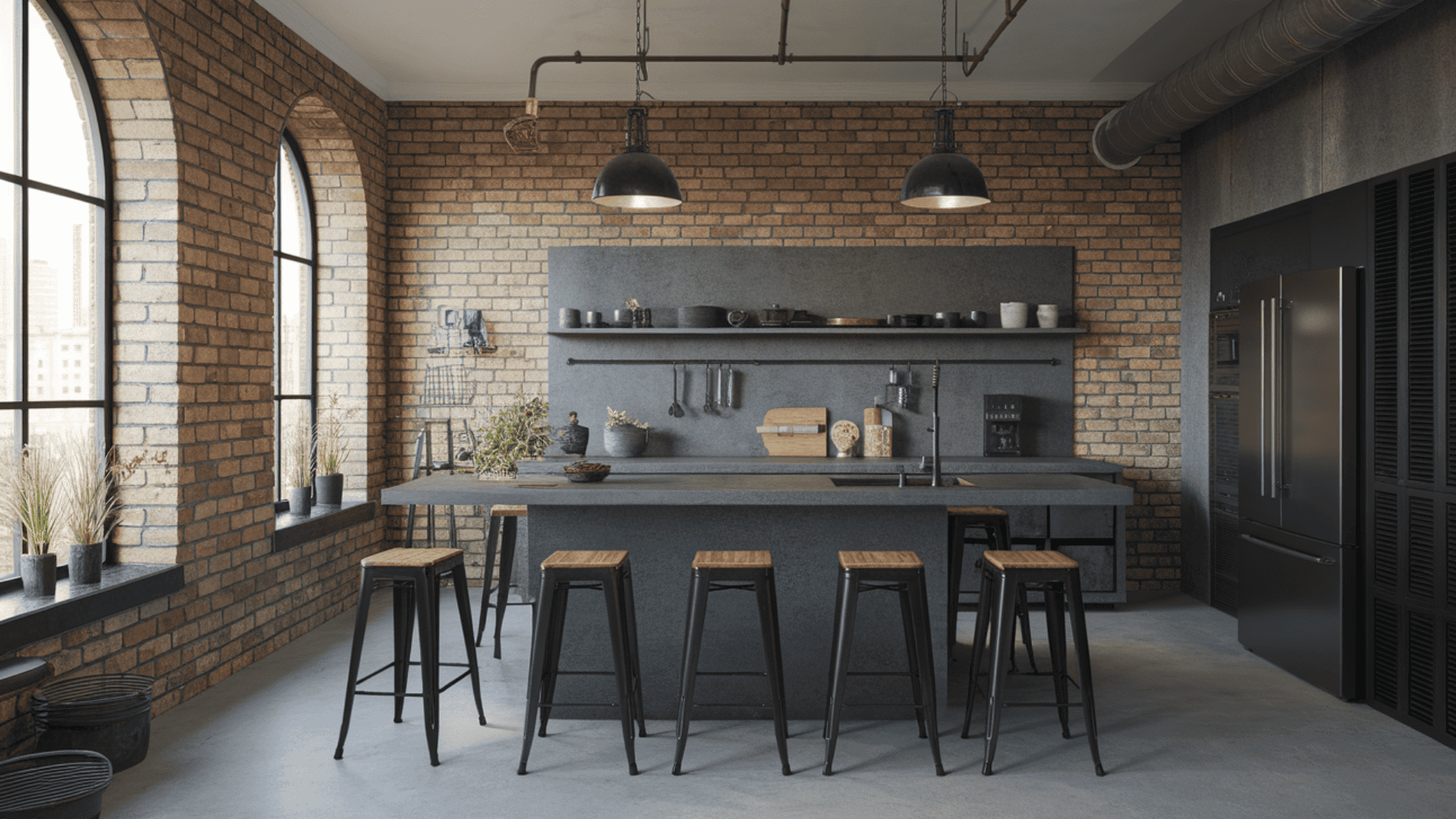 Industrial-style one-wall kitchen with an exposed brick wall, dark cabinets, and concrete countertops.