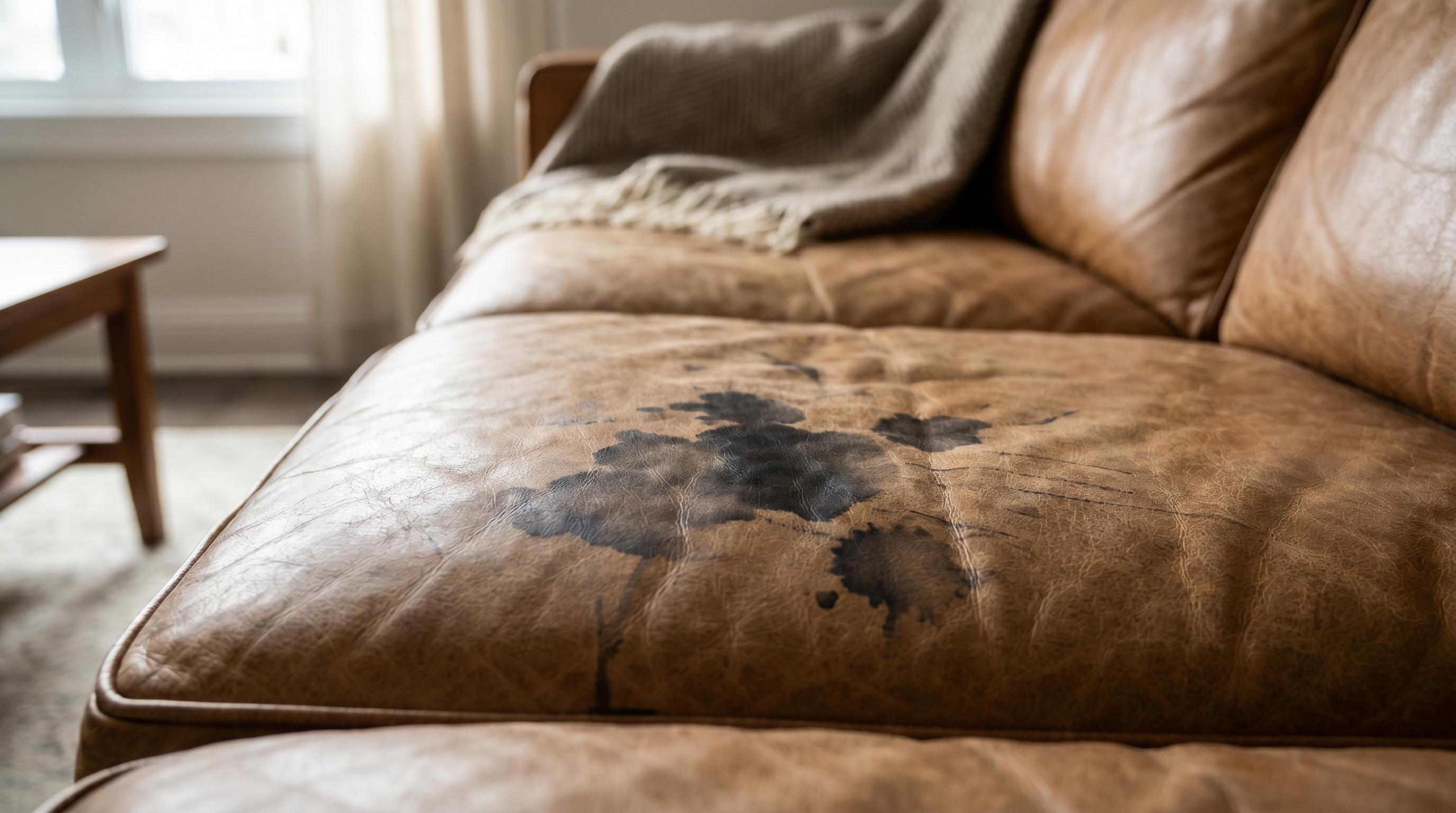 Dark ink stains and pen marks on a tan leather sofa cushion with visible leather grain and soft natural light.