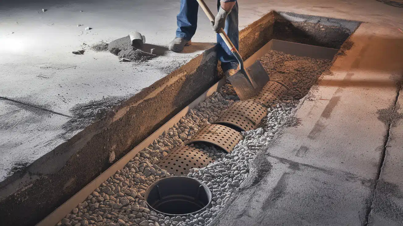 A worker using a shovel to lay a perforated drain tile pipe in a gravel-filled trench cut into a concrete basement floor.