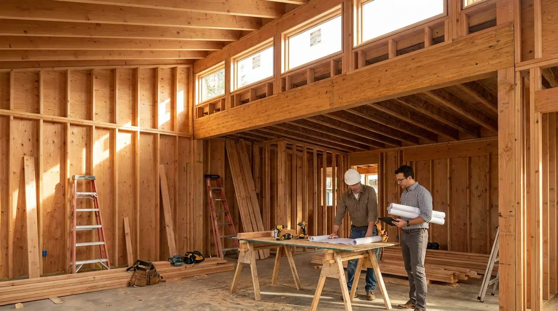 Home construction framing with clerestory window installation and exposed structural support beams.