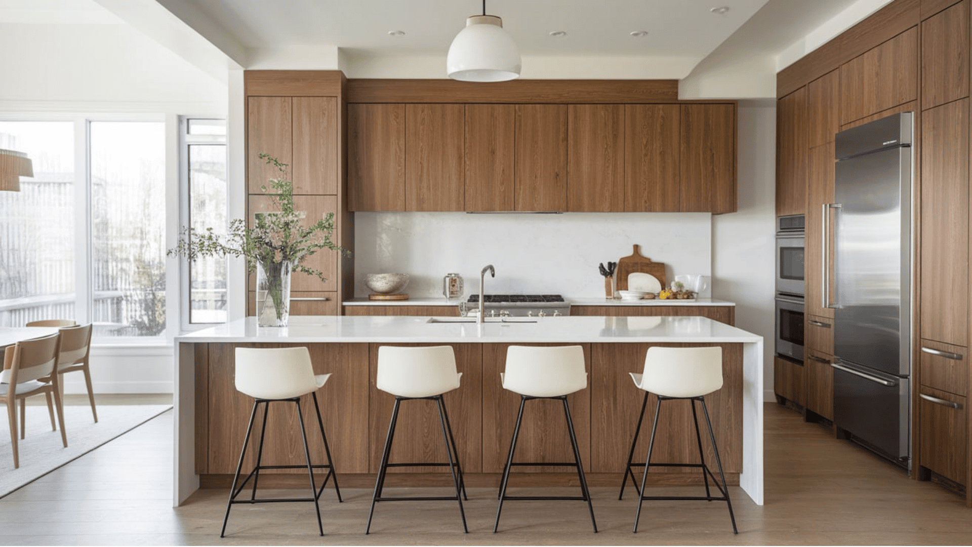 Modern one-wall kitchen with integrated floor-to-ceiling wood cabinets and a large white island.