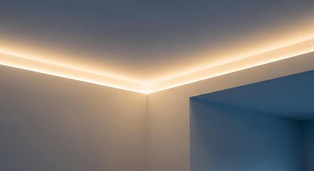 Integrated LED trim, showing a warm, ambient glow of strip lighting concealed behind a clean cove molding along the ceiling line.