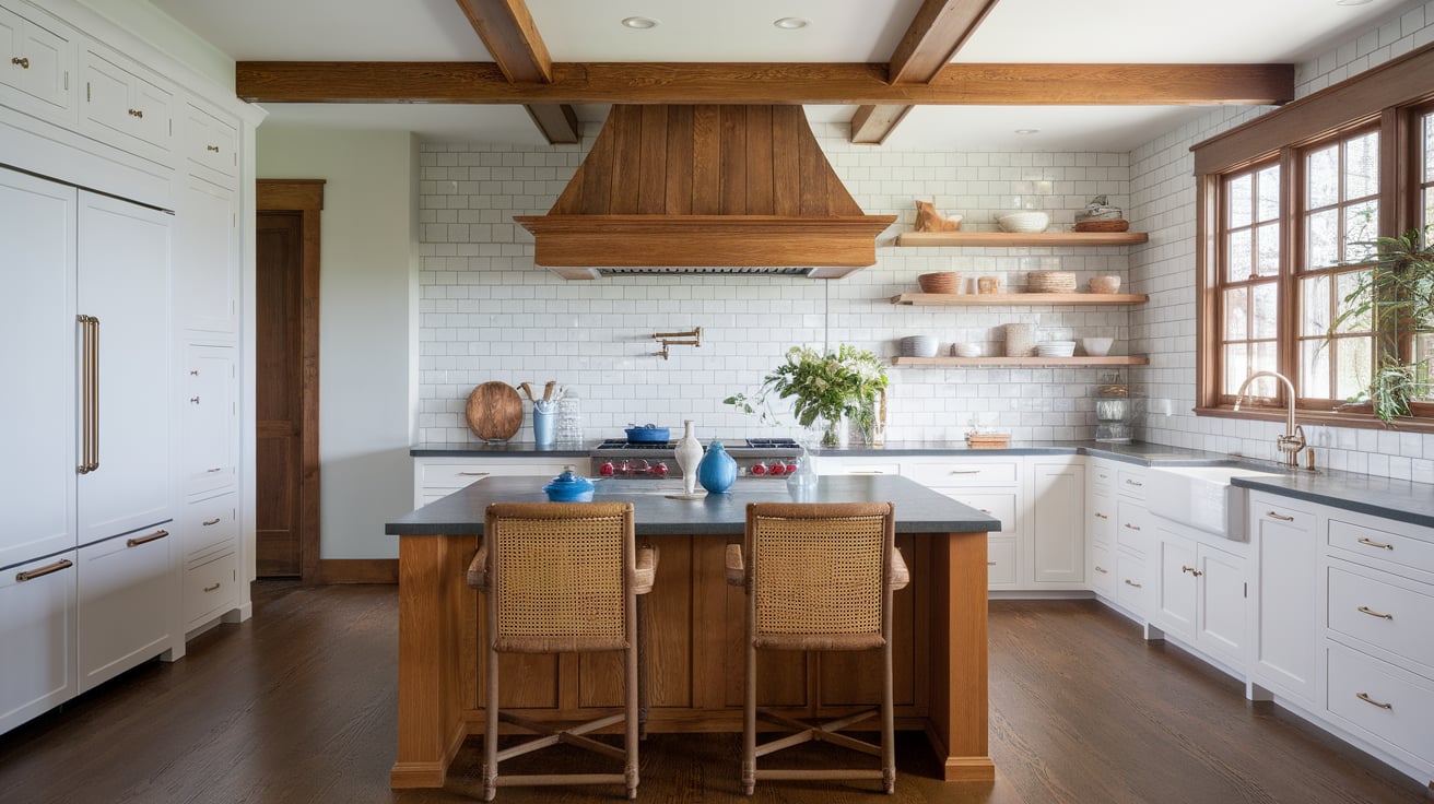 Craftsman kitchen with white cabinets, a large central wood island, and an integrated wood-framed range hood.
