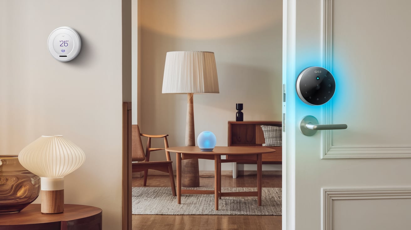 An interior view of a modern home featuring smart tech devices, including a smart thermostat on the wall and a smart door lock.