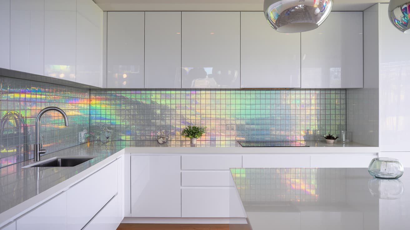 Contemporary glass backsplash tiles with an iridescent finish that subtly shifts colors in the light.