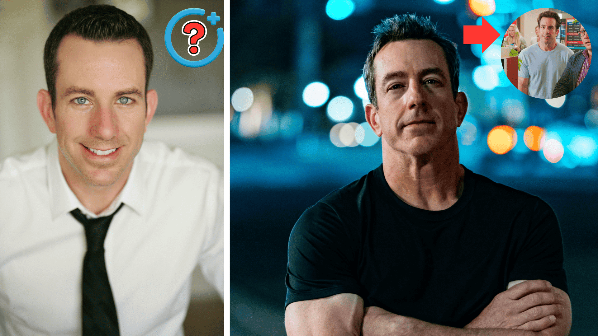 A split image of comedian and actor Jamie Lissow, showing a younger headshot on the left and a more recent portrait on the right.