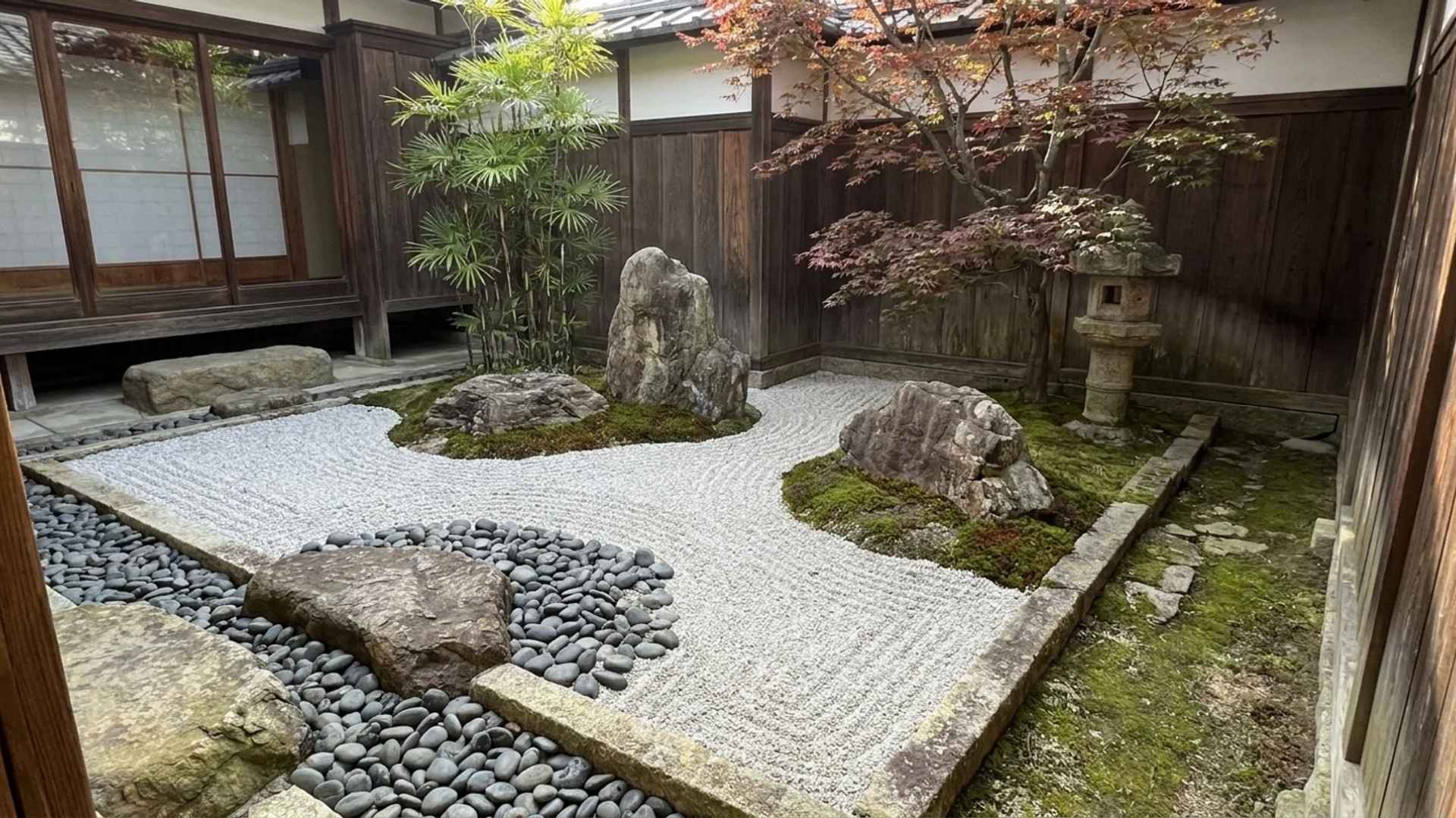 Japanese Zen rock garden with raked gravel, moss, stones, and traditional courtyard elements.