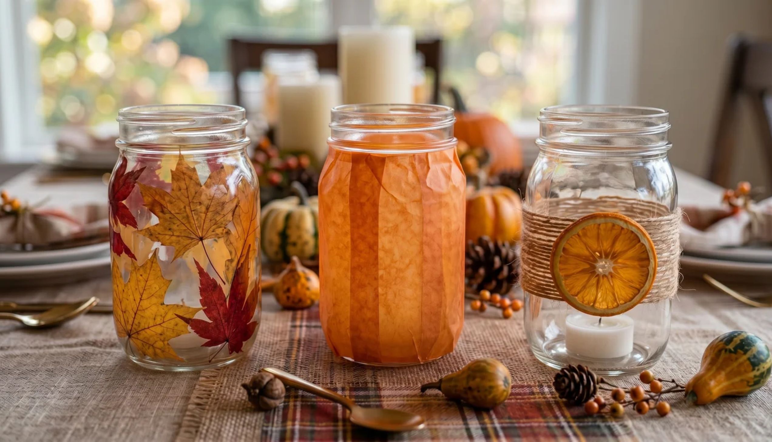 Three decorated mason jar candle holders on a table, perfect inspiration for easy thanksgiving crafts.
