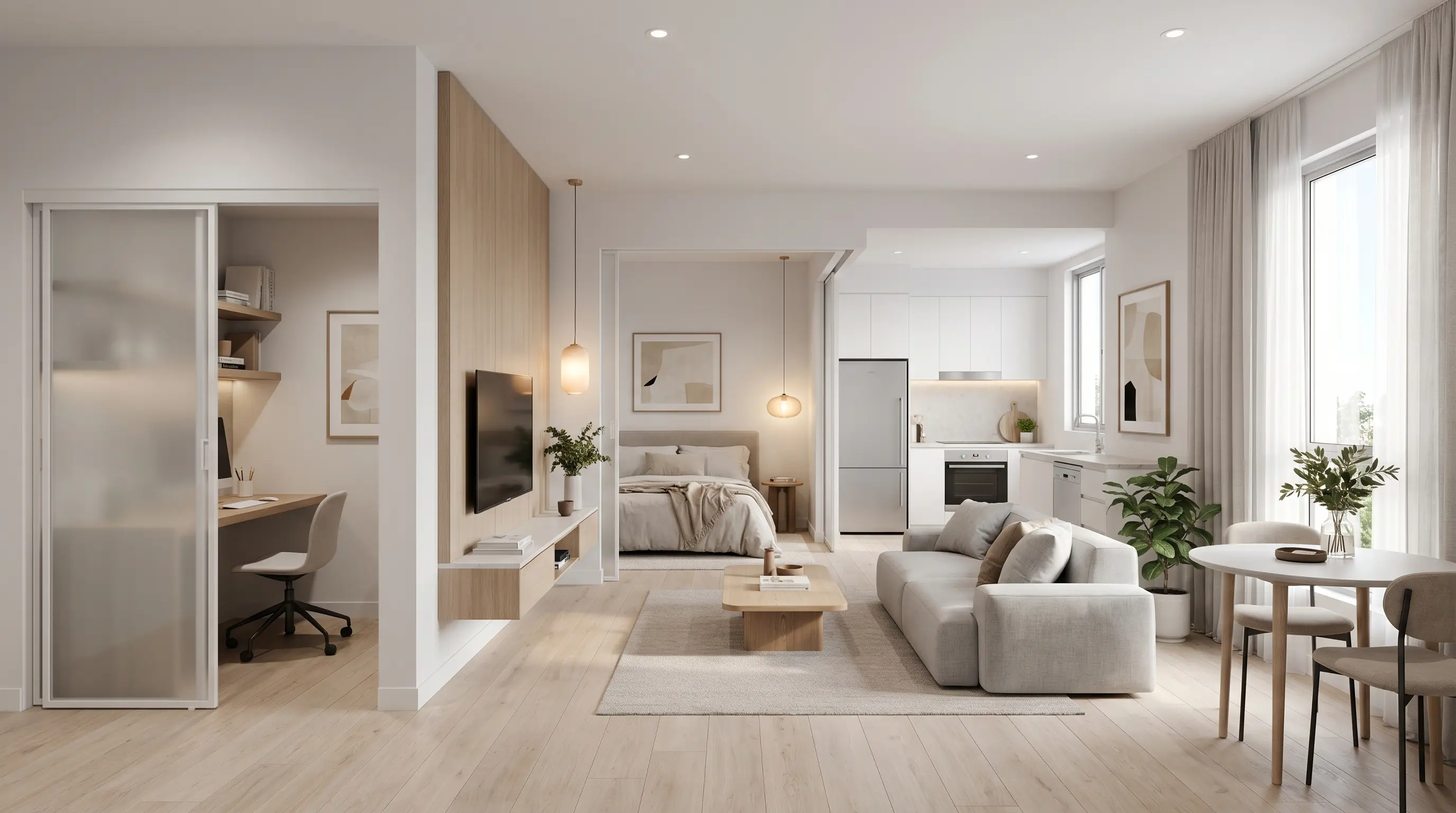 Spacious J4 apartment with a main living area, private bedroom, and additional flexible room suitable for office or nursery in a modern layout.