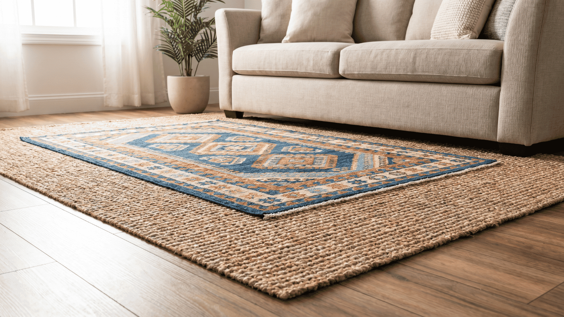 Jute rug layered beneath a smaller bright patterned rug on a living room floor