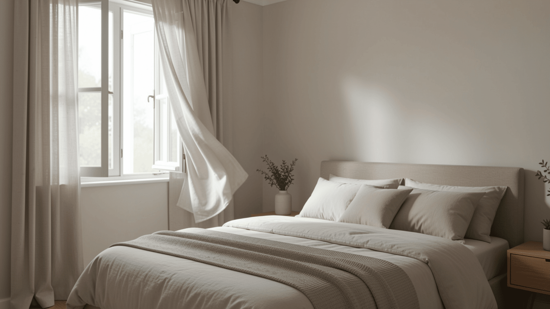 Bright minimalist bedroom with open window, sheer curtains blowing, and neatly made neutral bed with soft bedding.