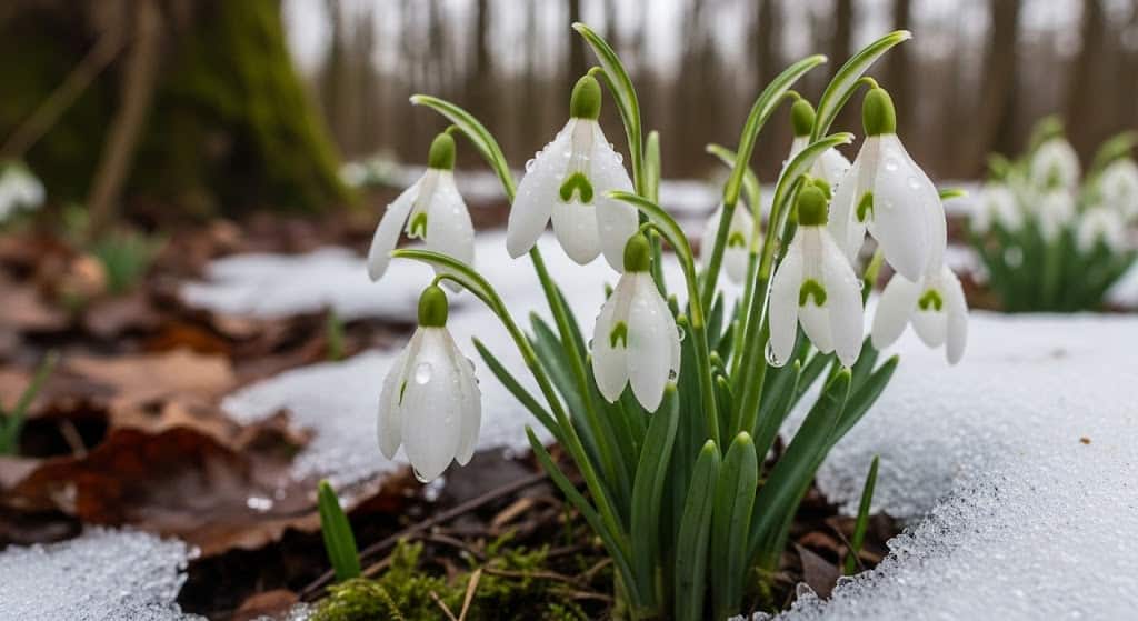 White snowdrop flowers blooming out of a patch of soil surrounded by melting snow in winter.