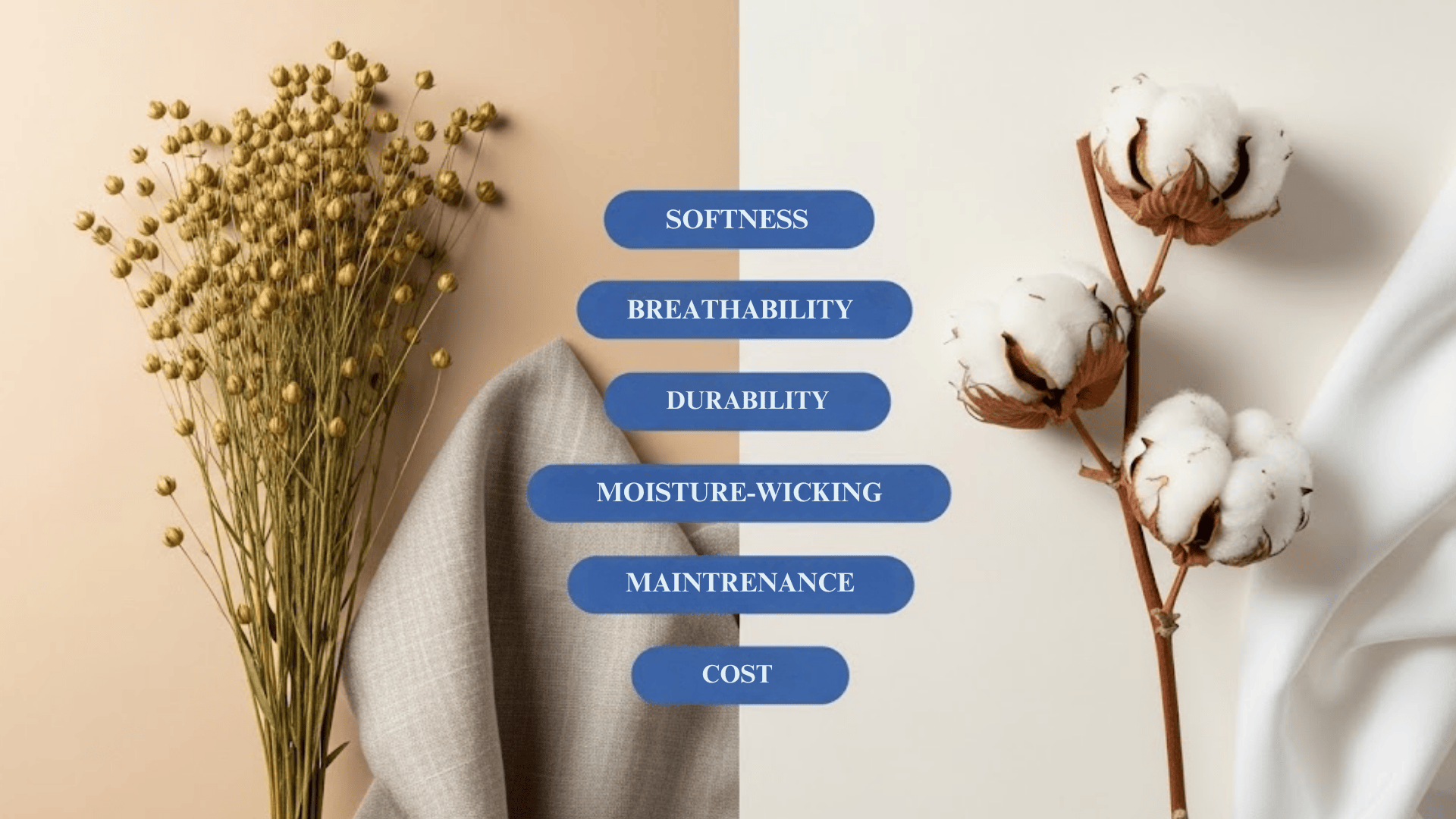 Graphic featuring dried flax stalks and cotton bolls, highlighting key differences like softness, breathability, and durability.