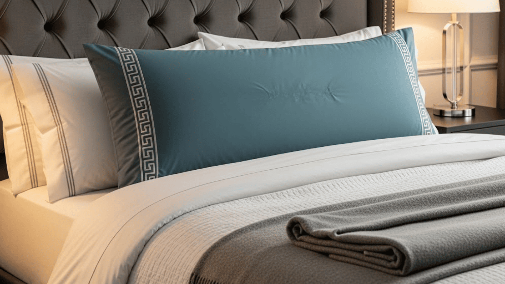 A long, teal blue king-size pillow sham with embroidered edges on a bed with white and gray bedding.