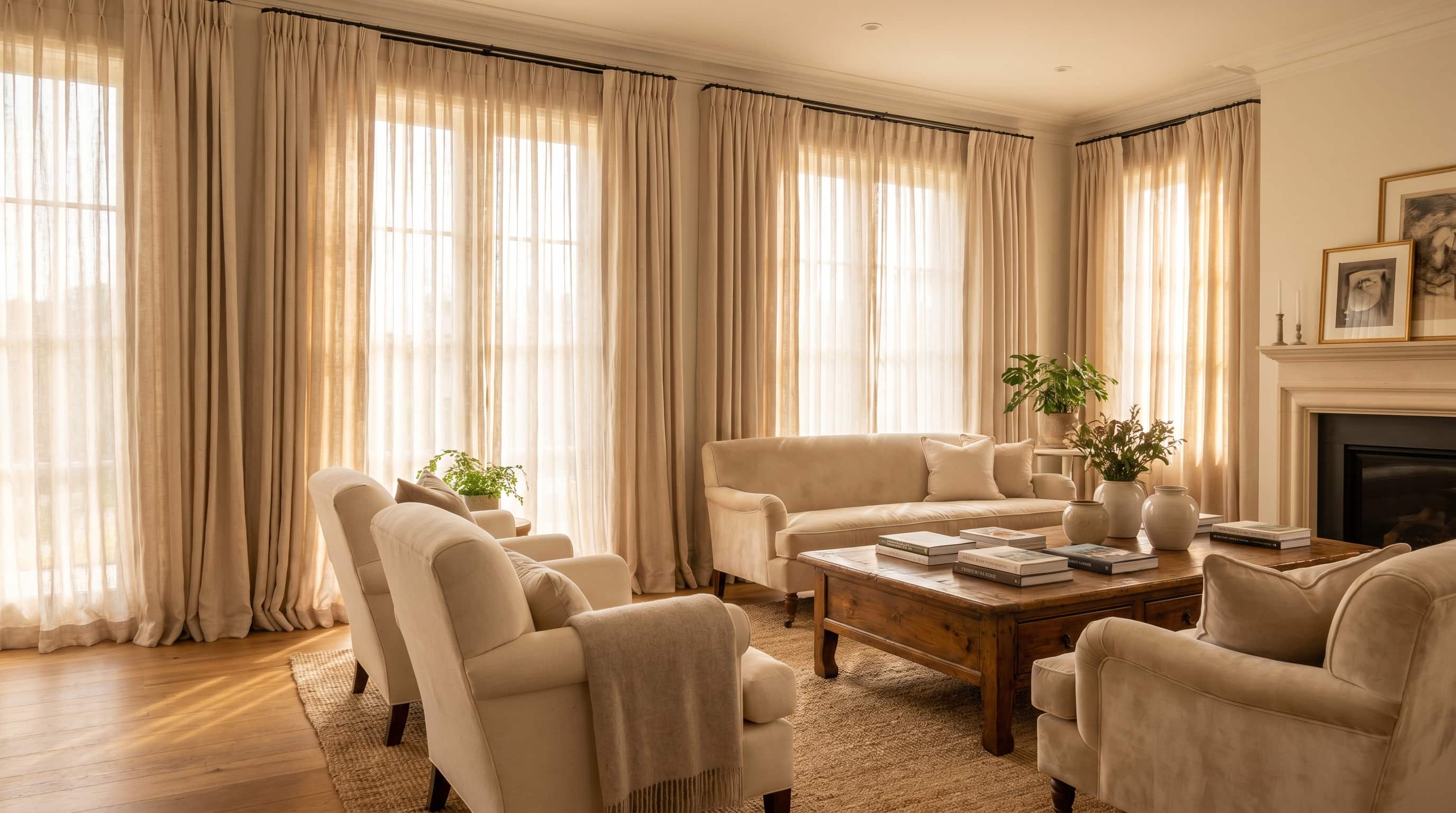 Kiss-length curtains gently touching the floor in a warm living room with soft natural sunlight.
