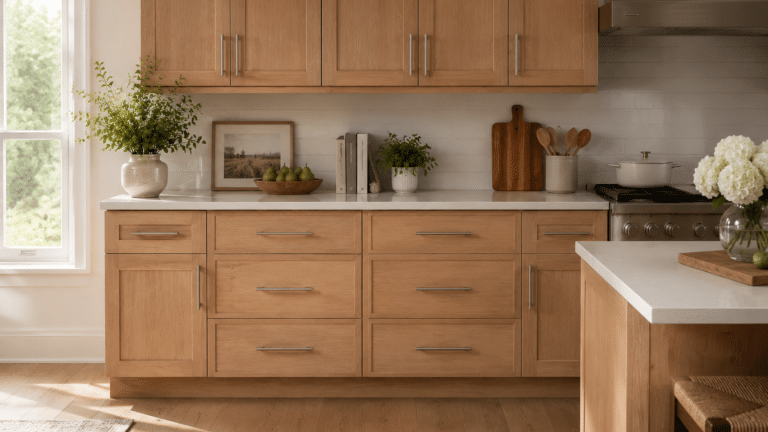 Kitchen cabinets with bar pulls installed on upper doors, lower doors, and drawers in consistent alignment.