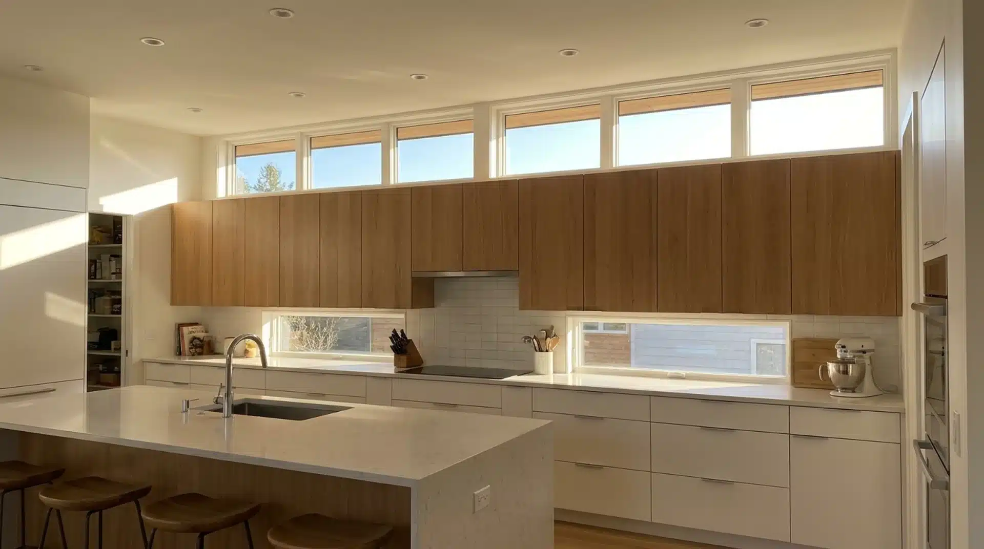 Modern kitchen with clerestory windows above cabinets bringing in soft natural daylight.