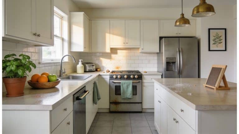 Kitchen with wiped counter on one side and greasy stovetop on the other showing the difference between surface cleaning and kitchen deep cleaning
