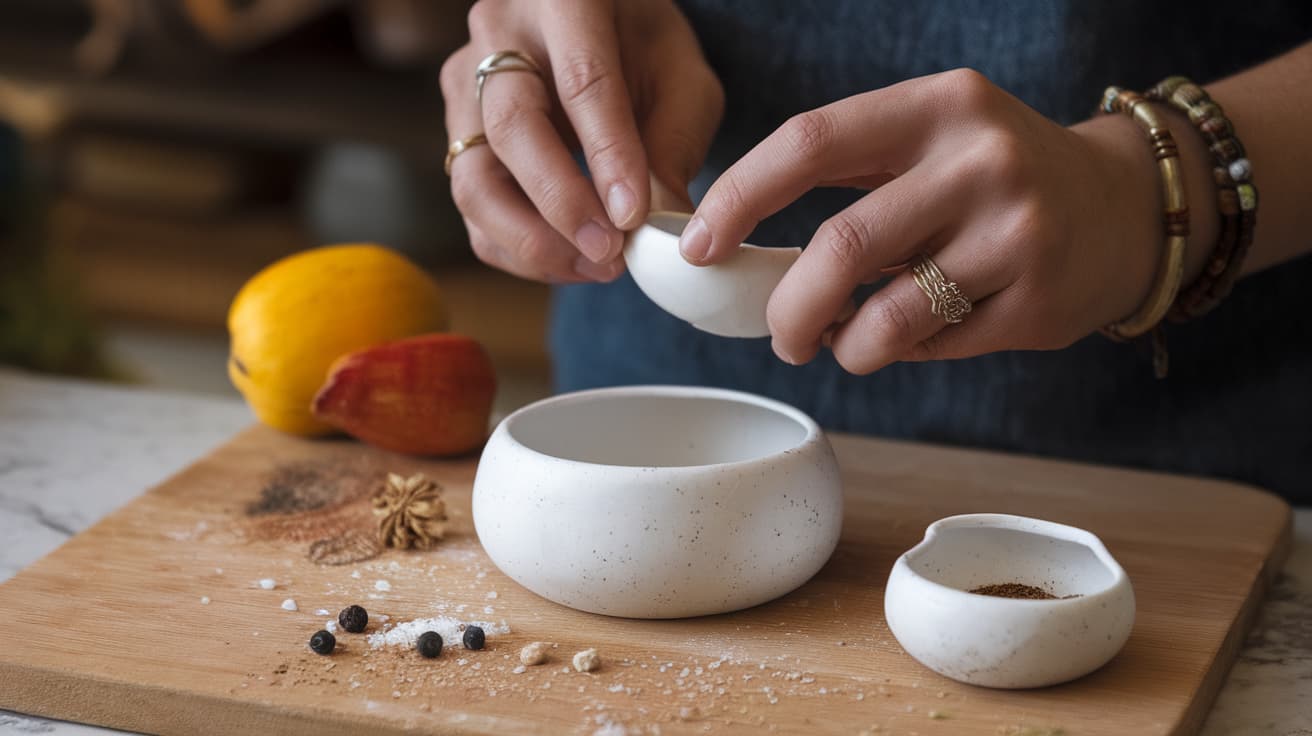 A close-up shot of a person's hands holding a small white ceramic bowl over a wooden board filled with spices and a whole lemon.