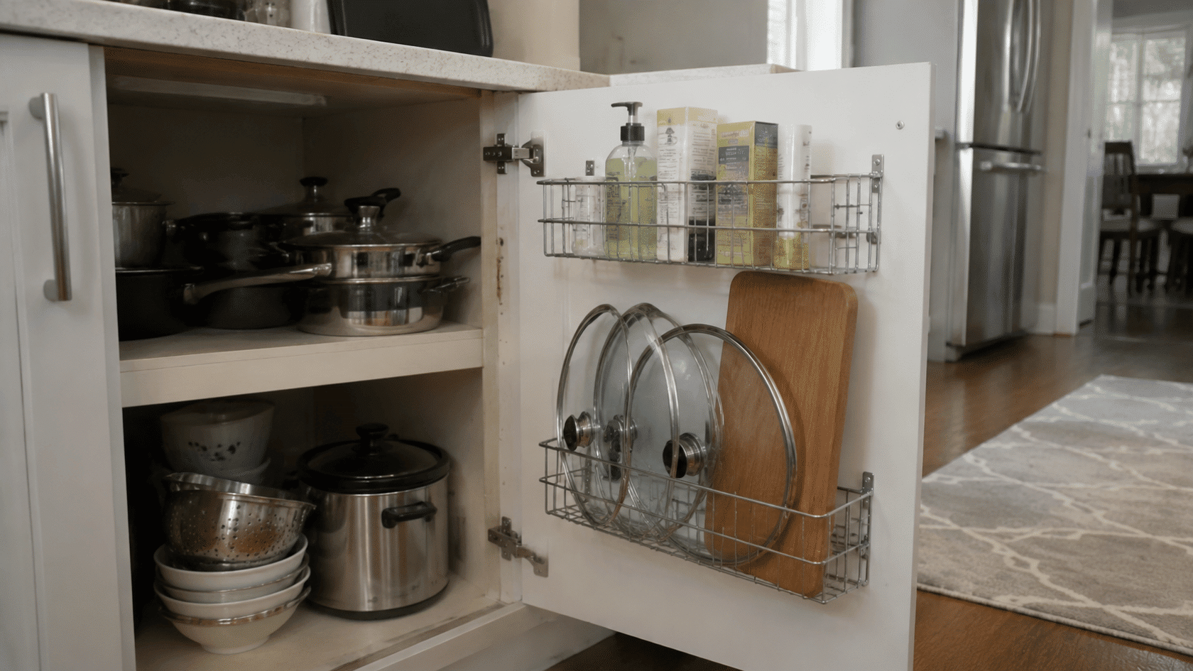 Kitchen cabinet with cookware, bowls, and door racks holding lids and a cutting board
