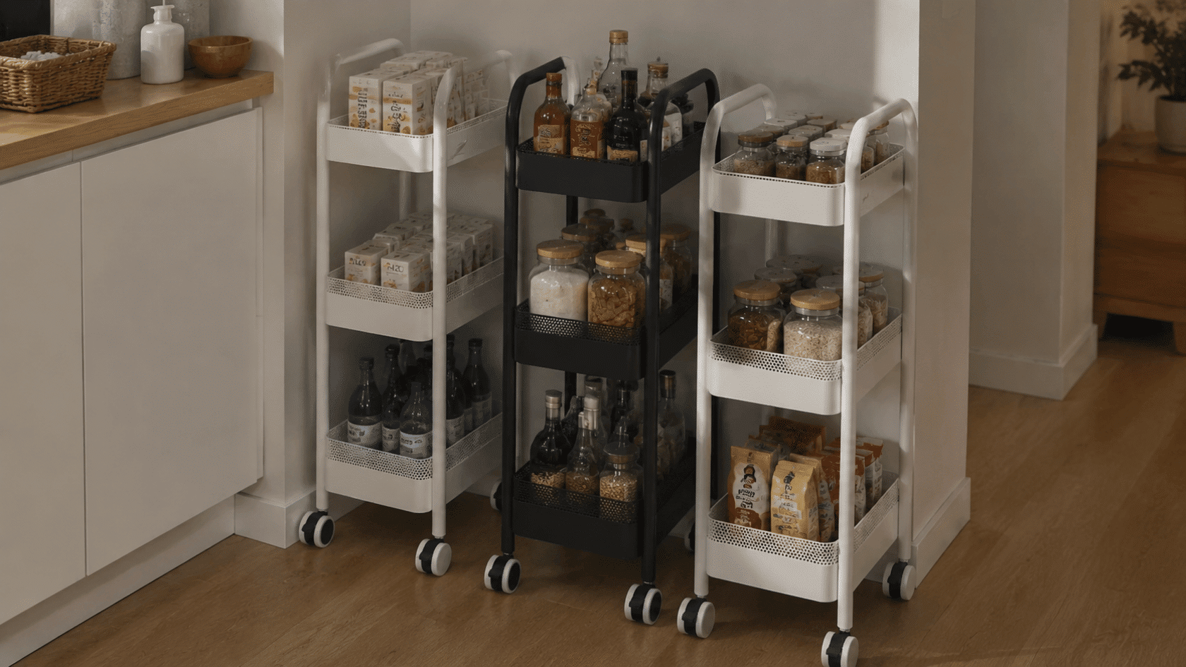 Kitchen corner with three rolling pantry carts.