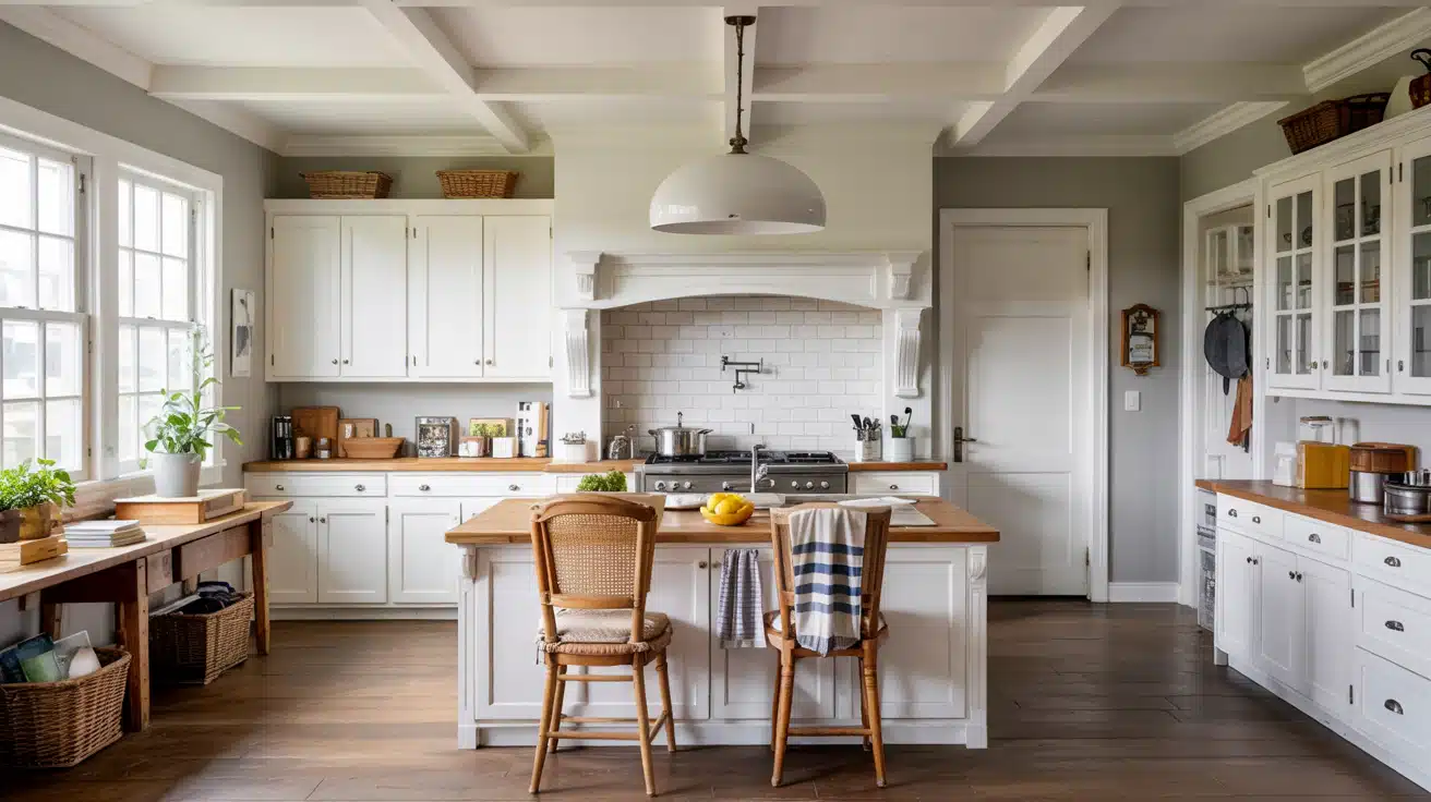 A well-lit kitchen featuring white cabinets, wood countertops, an island with stools, and light gray walls.