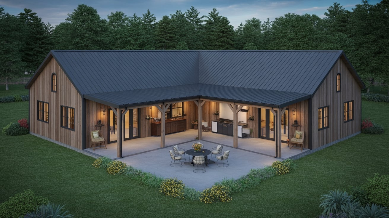 An L-shaped barndominium with a dark metal roof and wooden vertical siding, featuring a covered wraparound porch.
