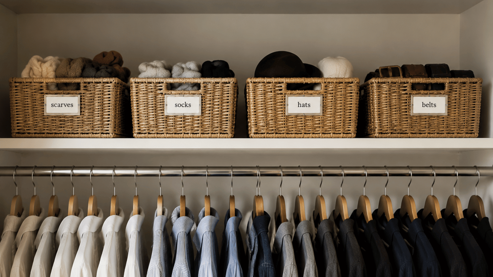 Labeled baskets and hanging shirts in a minimalist closet.
