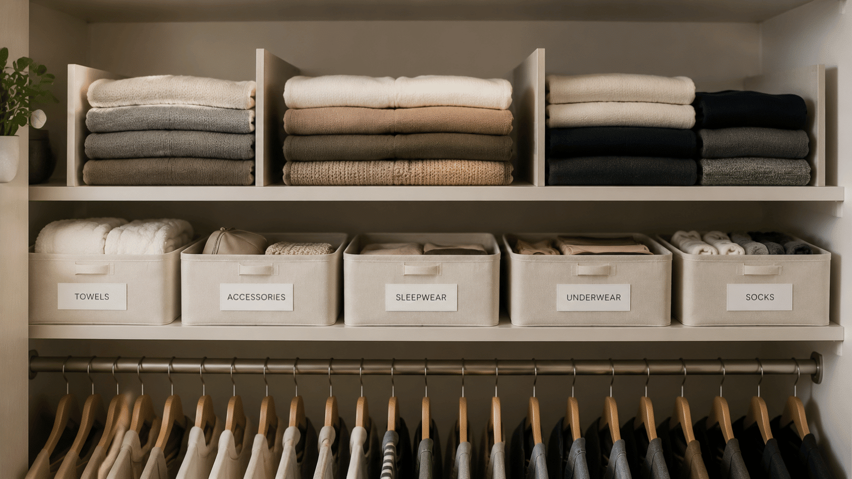 Labeled bins and hanging clothes in a closet.