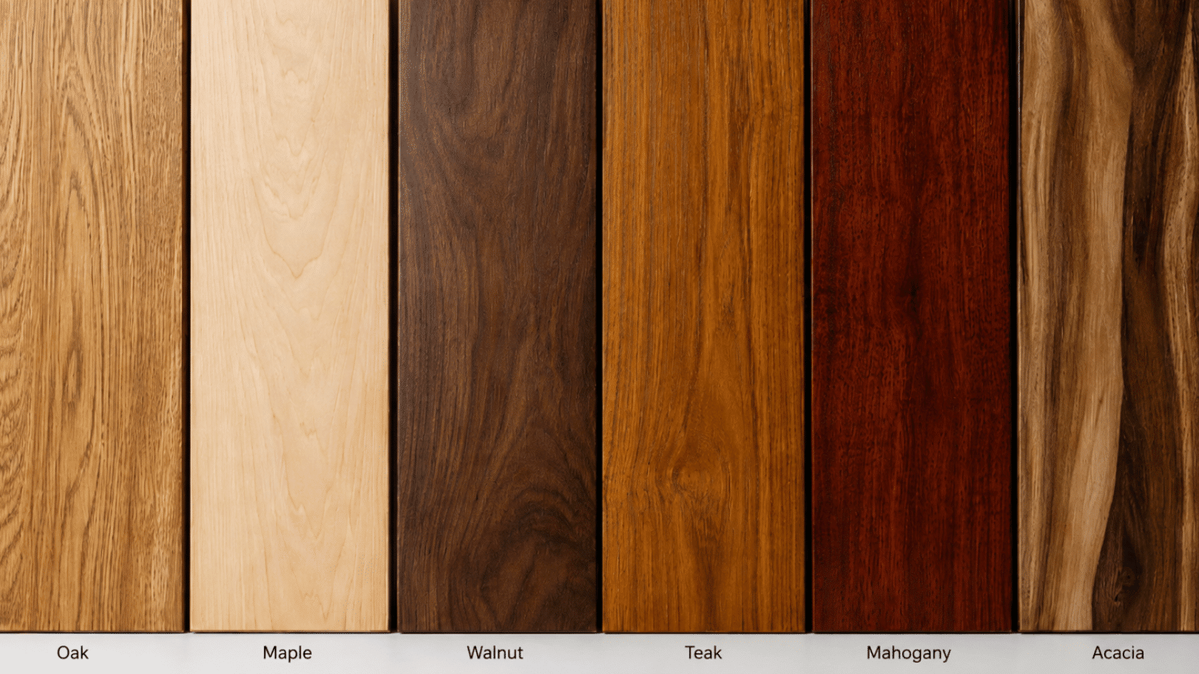 Labeled wood panels showing oak, maple, walnut, teak, mahogany, and acacia in different natural finishes.