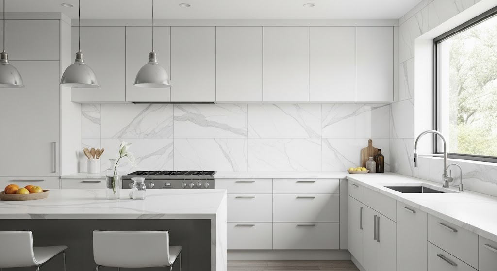 A minimalist kitchen featuring large 12x24 inch marble-look porcelain tiles with minimal grout lines.