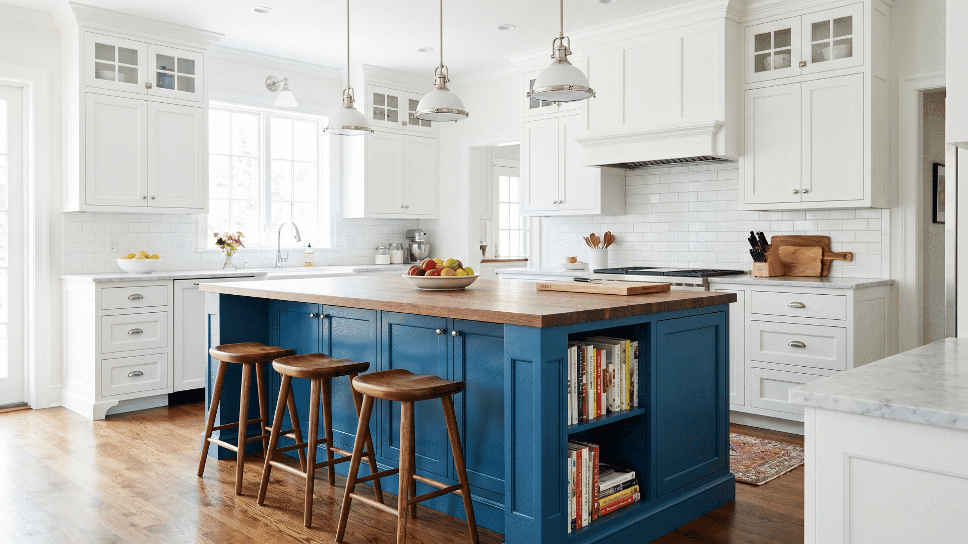 Large kitchen island with blue lower cabinets and white upper cabinets, featuring a wood countertop, stools, built-in bookshelf, and pendant lighting.