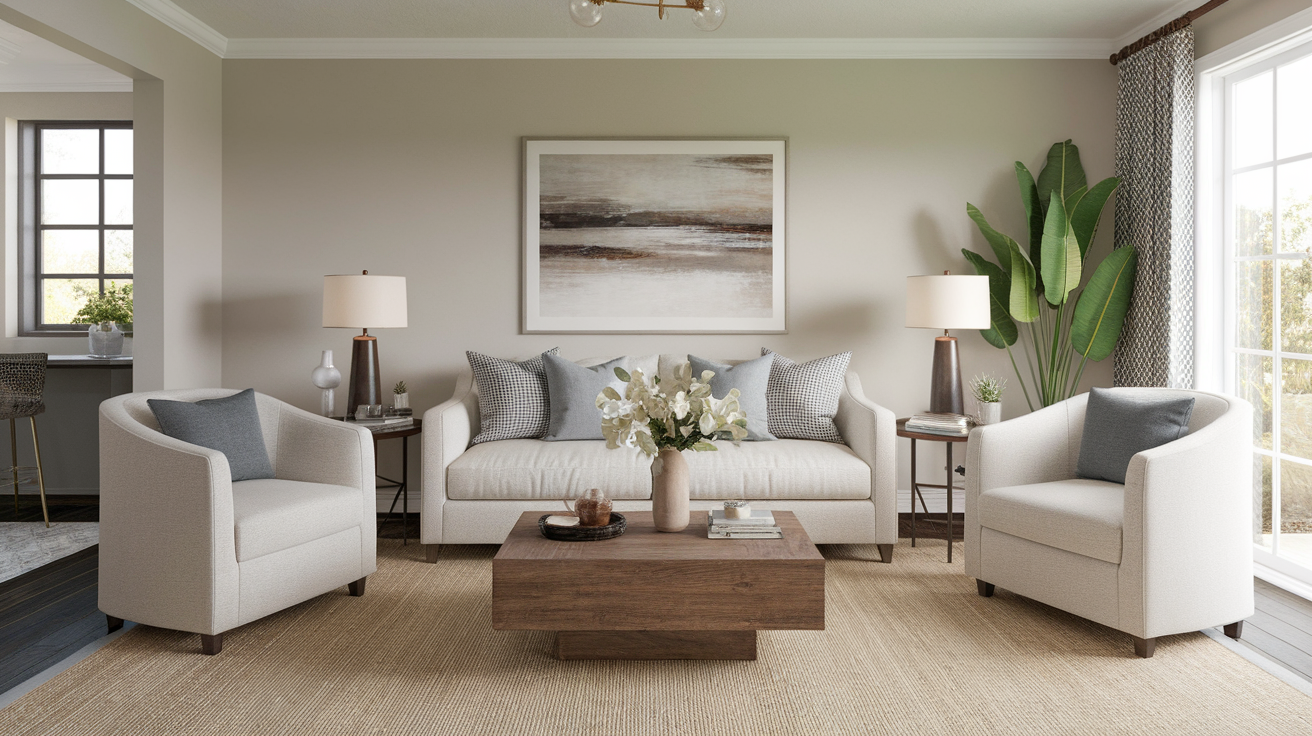 A large, patterned area rug under a wooden coffee table in a bright living room with two white armchairs and a matching sofa.