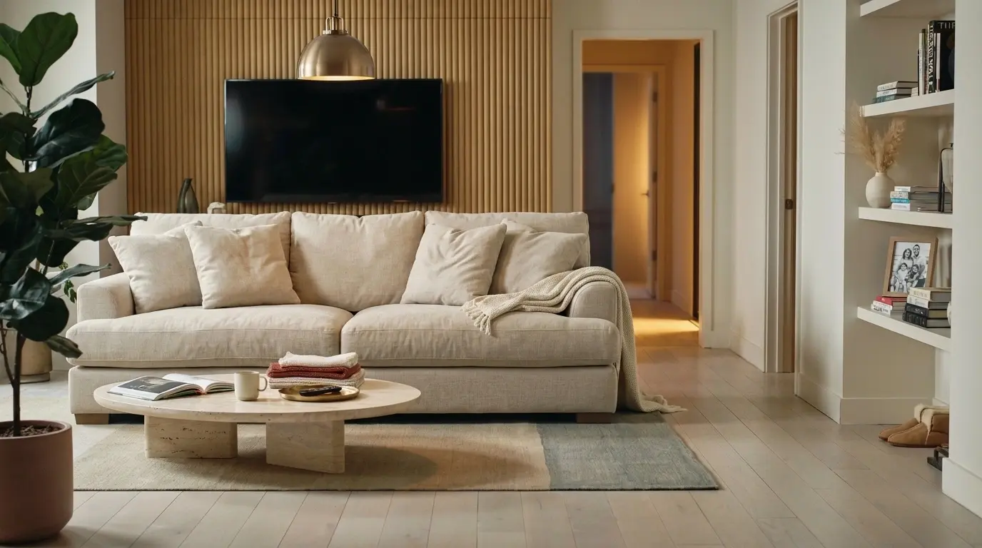 Lawson sofa with loose cushions in warm modern living room with natural light and soft tones.